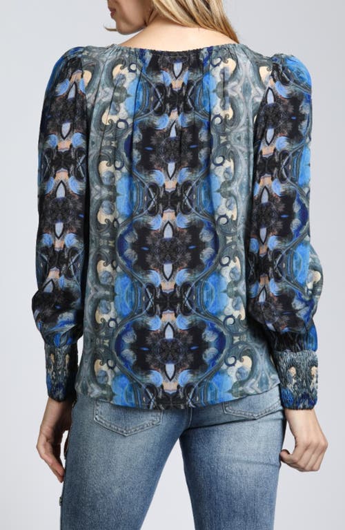 Apny Printed Smocked Cuff Top In Blue Multi