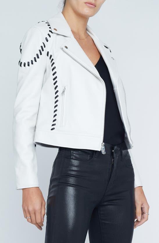 Shop L Agence Eleana Whipstitch Leather Moto Jacket In Ivory/ Black
