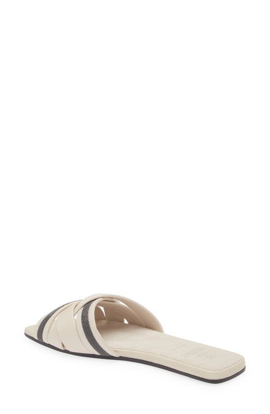 Brunello Cucinelli Leather Monili Flat Slide Sandals In Ivory/ Black