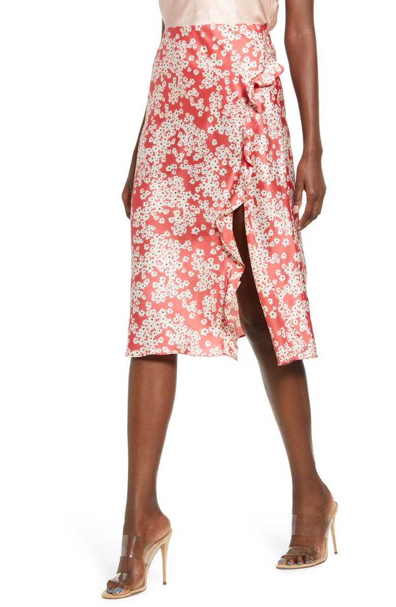 SOCIALITE Floral Ruffle Slit Skirt, Main, color, RED TAN FLORAL