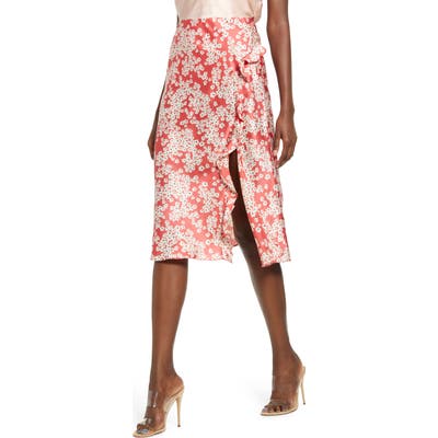 Socialite Floral Ruffle Slit Skirt, Red