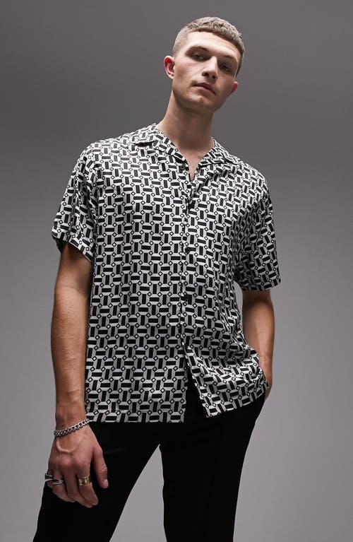 Topman Geometric Print Short Sleeve Satin Camp Shirt in Black Multi at Nordstrom, Size Small