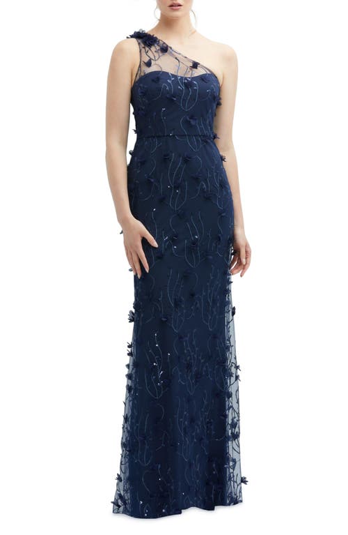 Floral Appliqué One-Shoulder Gown in Midnight