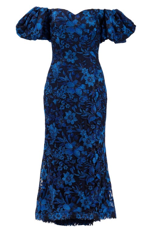 Shop Tadashi Shoji Embroidered Floral Off The Shoulder Midi Dress In Midnight