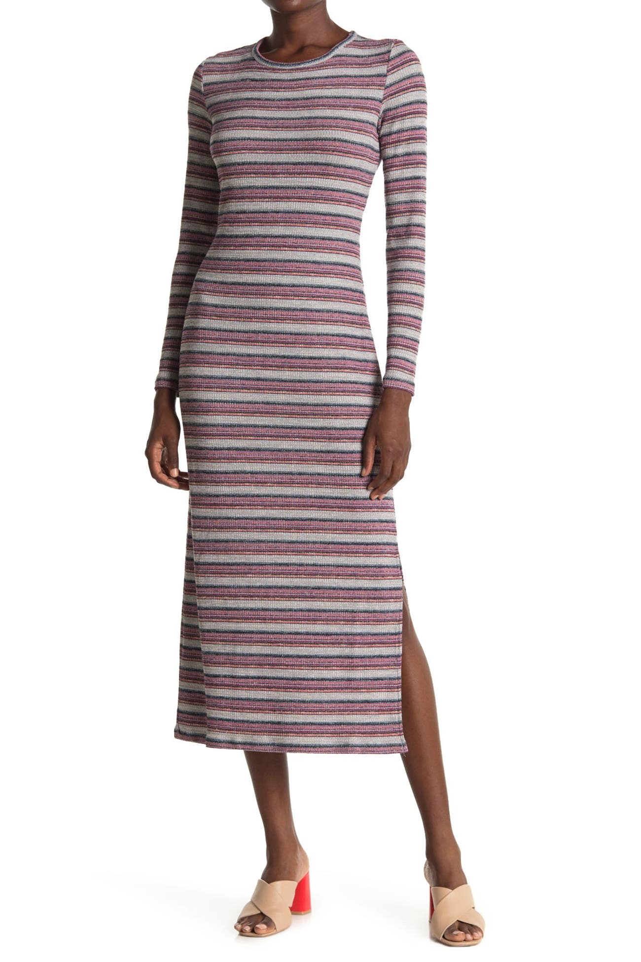 1.State Striped Long Sleeve Rib Knit Midi Dress Nordstrom Rack