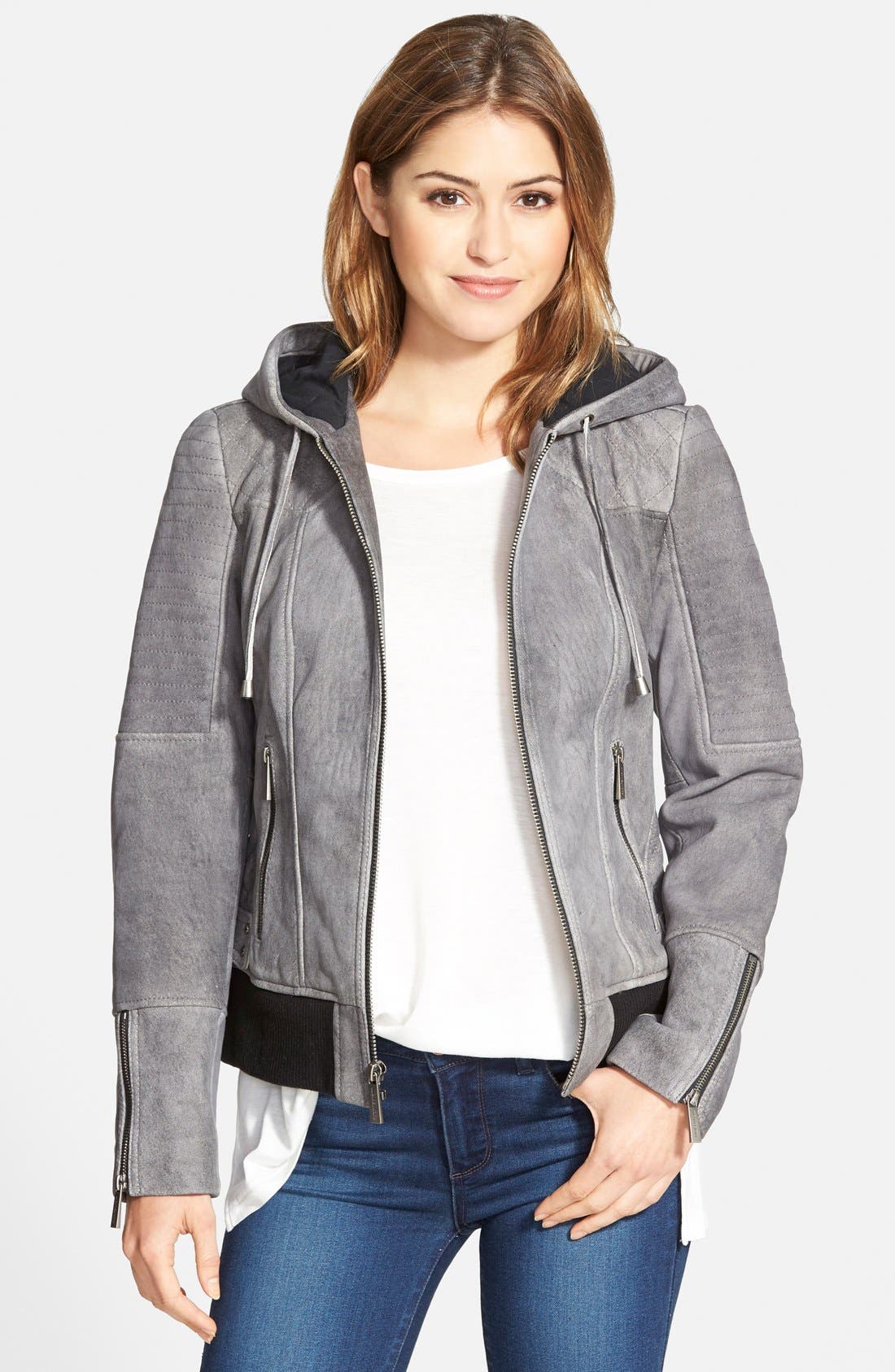 MICHAEL Michael Kors Hooded Distressed Leather Bomber Jacket Nordstrom