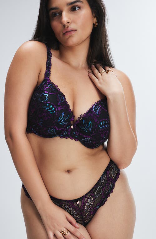 Savage X Fenty Romantic Corded Metallic Lace Padded Demi Bra In Black Caviar/purple Metallic