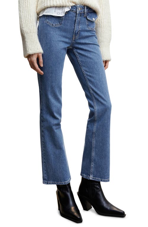 MANGO Button Flap Pocket Flare Jeans in Medium Blue
