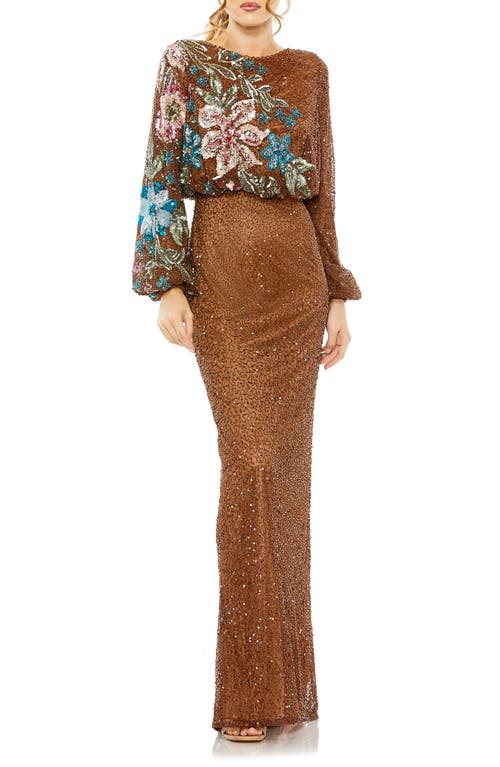 Mac Duggal Embellished Sequin Long Sleeve Blouson Gown in Mocha