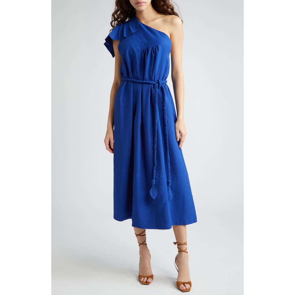 Shop Farm Rio Leaf One-shoulder Belted Linen Blend Midi Dress In Blue