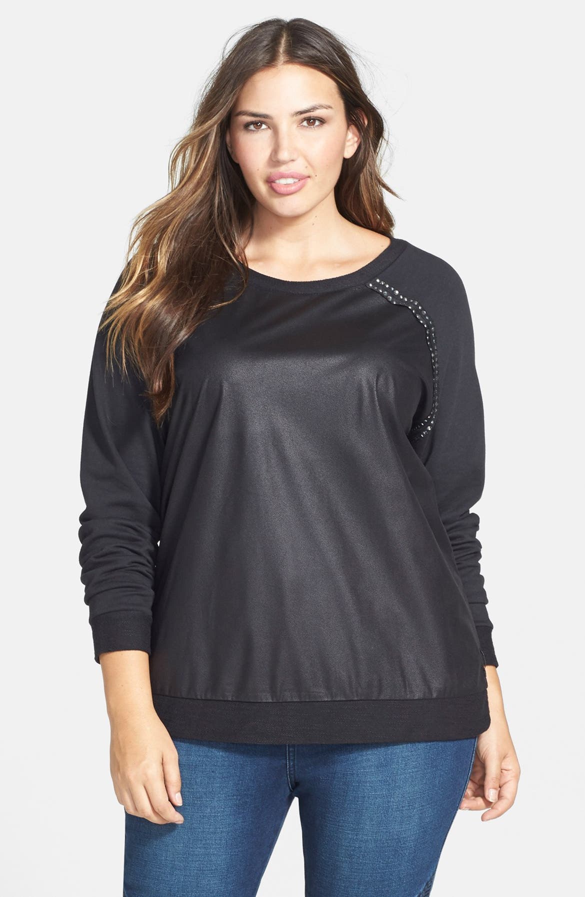 Seven7 Embellished Mixed Media Sweatshirt (Plus Size) | Nordstrom