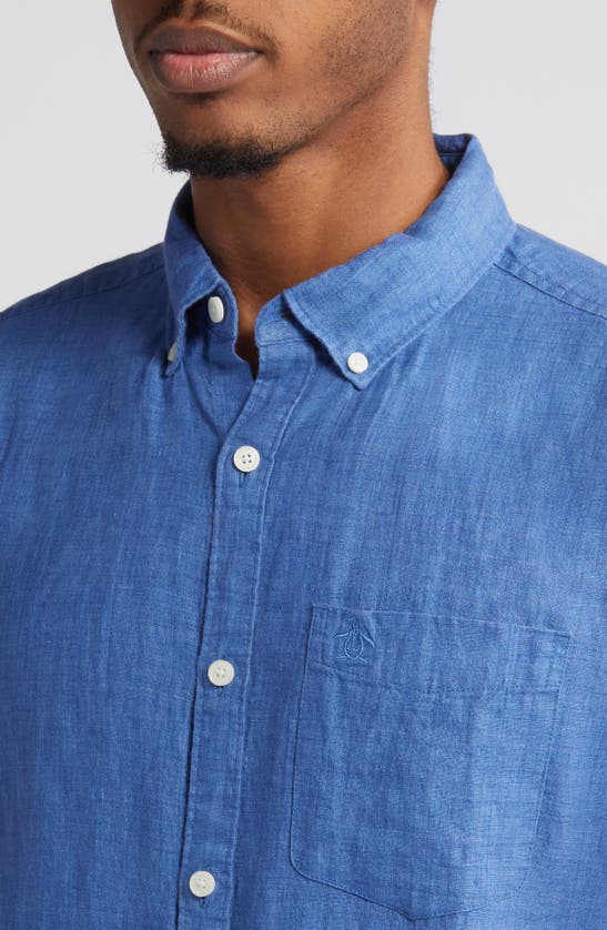 Shop Original Penguin Delave Short Sleeve Linen Button-up Shirt In Star Sapphire