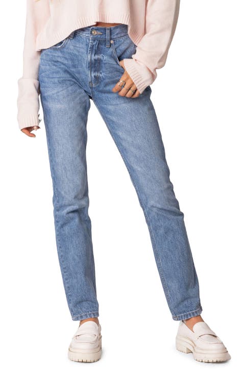 Edikted Women's Foldover Waist Jeans With Row Hem And Distressed Details