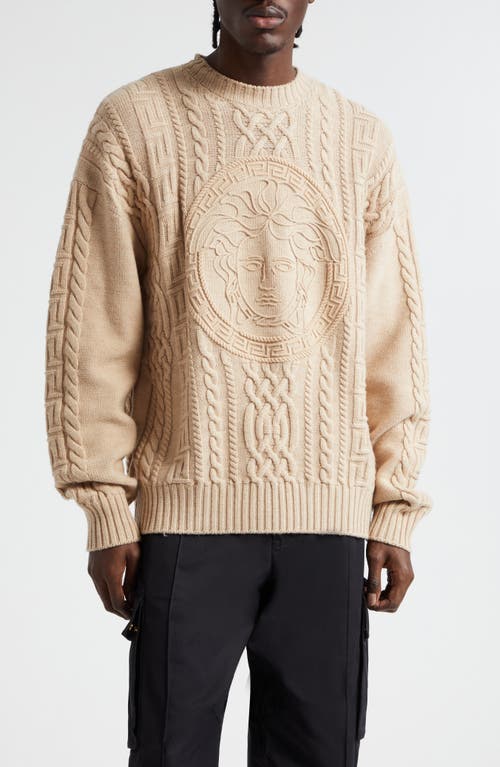 Medusa Embroidered Cable Knit Virgin Wool Sweater in Sand