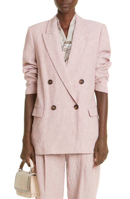 Brunello Cucinelli Double Breasted Crinkled Linen Blazer in C052 Dusty Pink