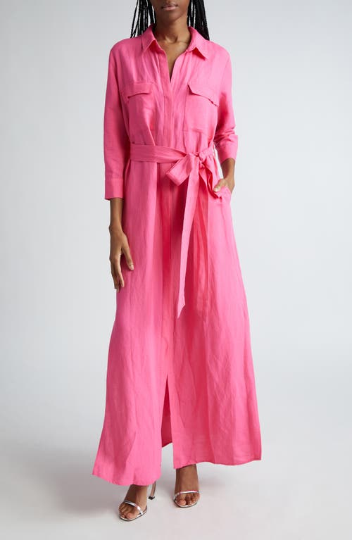 L'AGENCE Cameron Belted Linen Blend Maxi Shirtdress Berry Pink at Nordstrom,