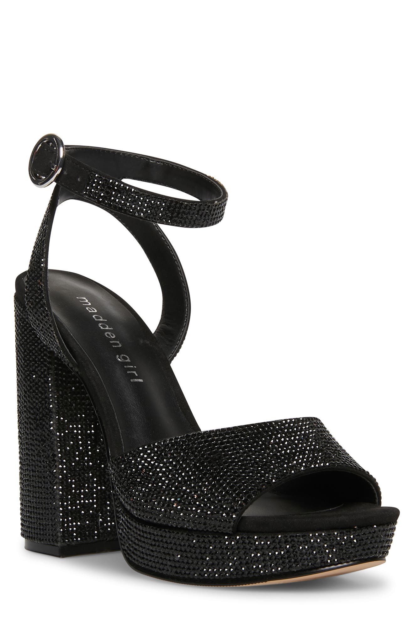 black rhinestone block heels