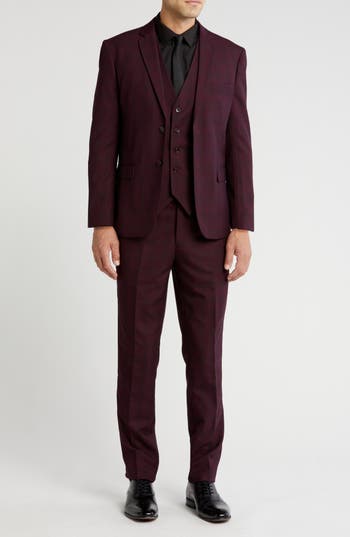 Gino Vitale Slim Fit 3-piece Check Suit In Burgundy
