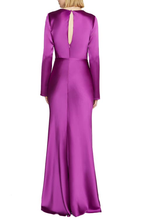 Shop ml Monique Lhuillier Marie Tie Waist Long Sleeve Satin A-line Gown In Mulberry