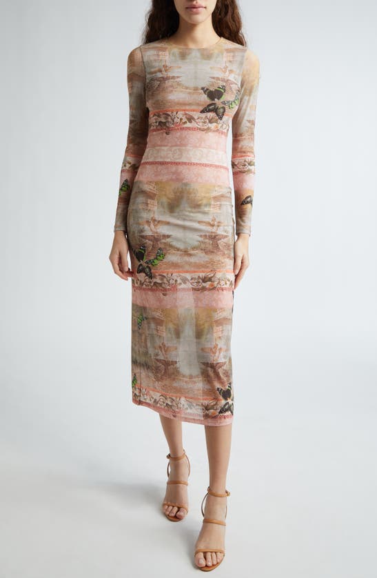 Alice And Olivia Delora Print Long Sleeve Midi Dress In Neutral