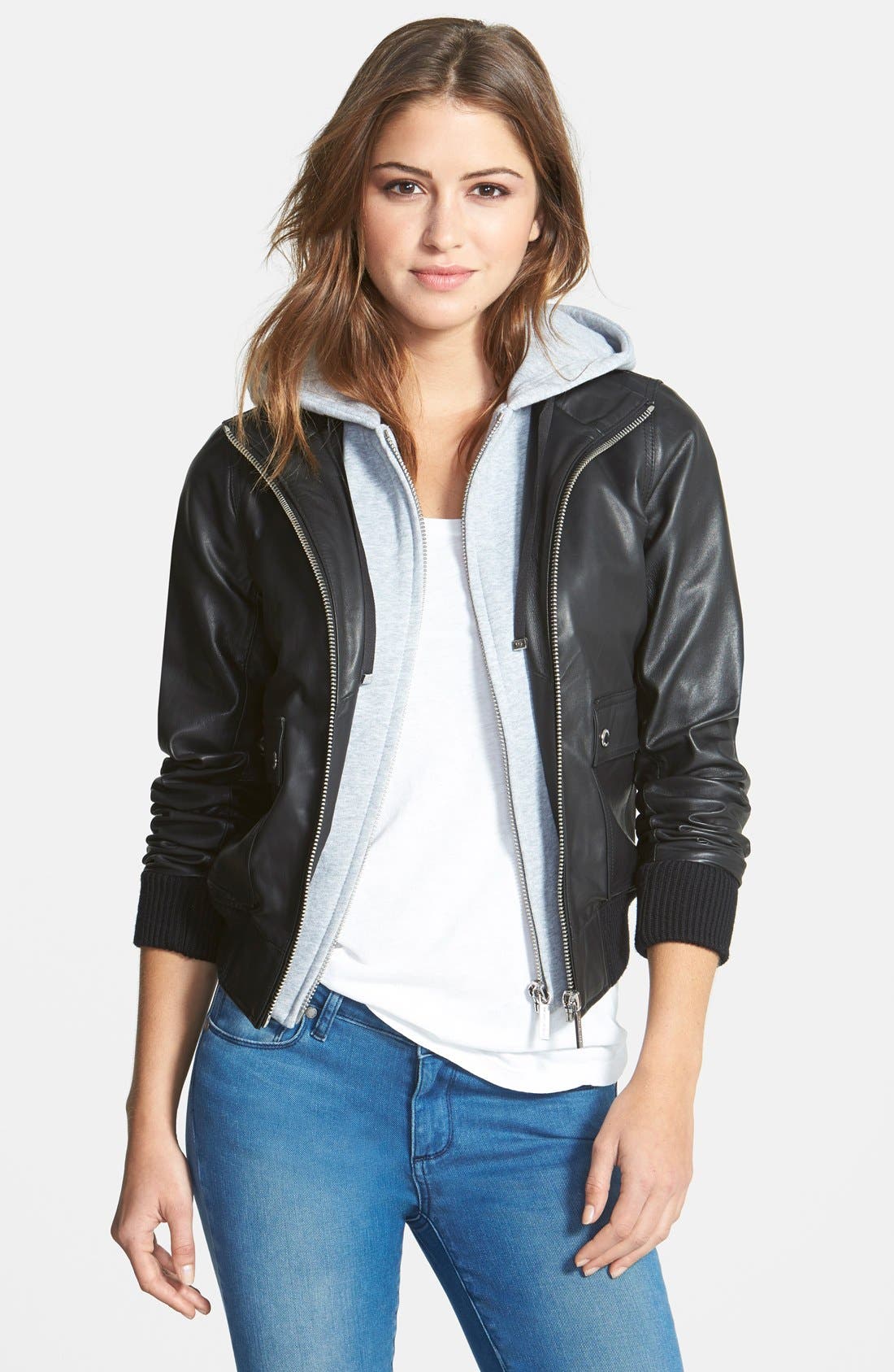 MICHAEL Michael Kors Leather Bomber Jacket with Knit Hood Nordstrom