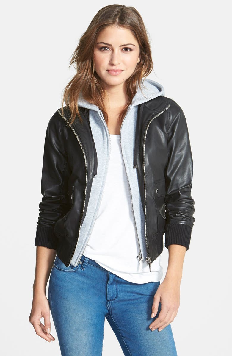MICHAEL Michael Kors Leather Bomber Jacket with Knit Hood | Nordstrom