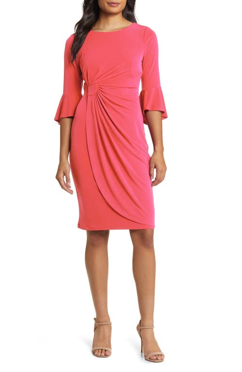 Ruched Bell Sleeve Faux Wrap Cocktail Dress in New Coral