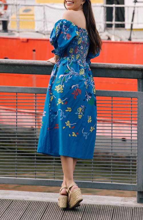 JESSIE ZHAO NEW YORK JESSIE ZHAO NEW YORK NIGHT FLOWER SMOCKED COTTON SILK MIDI DRESS