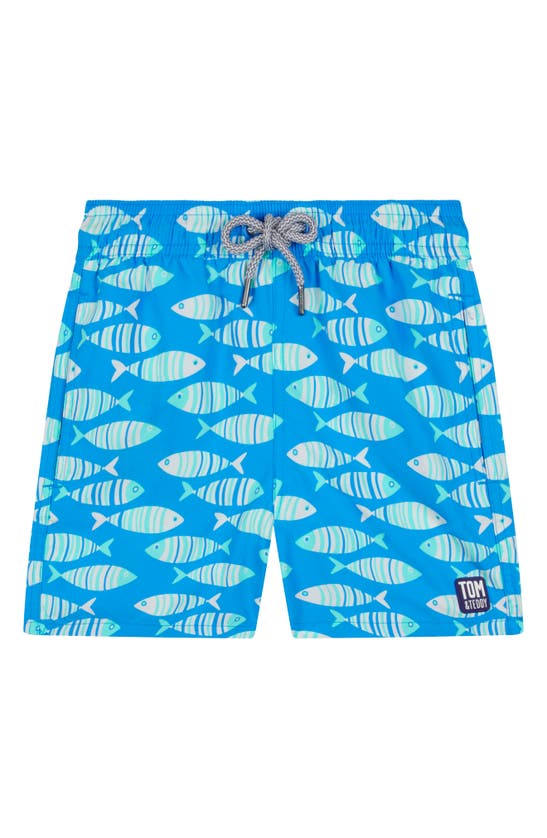 Shop Tom & Teddy Kids' Fish Swim Trunks In Striped Blue