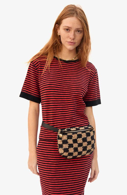 Shop Clare V . Checkerboard Woven Raffia Belt Bag In Black/natural Checker Raffia