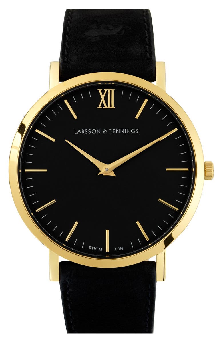 LARSSON & JENNINGS 'Lugano' Leather Strap Watch, 40mm, Main, color, BLACK/ GOLD