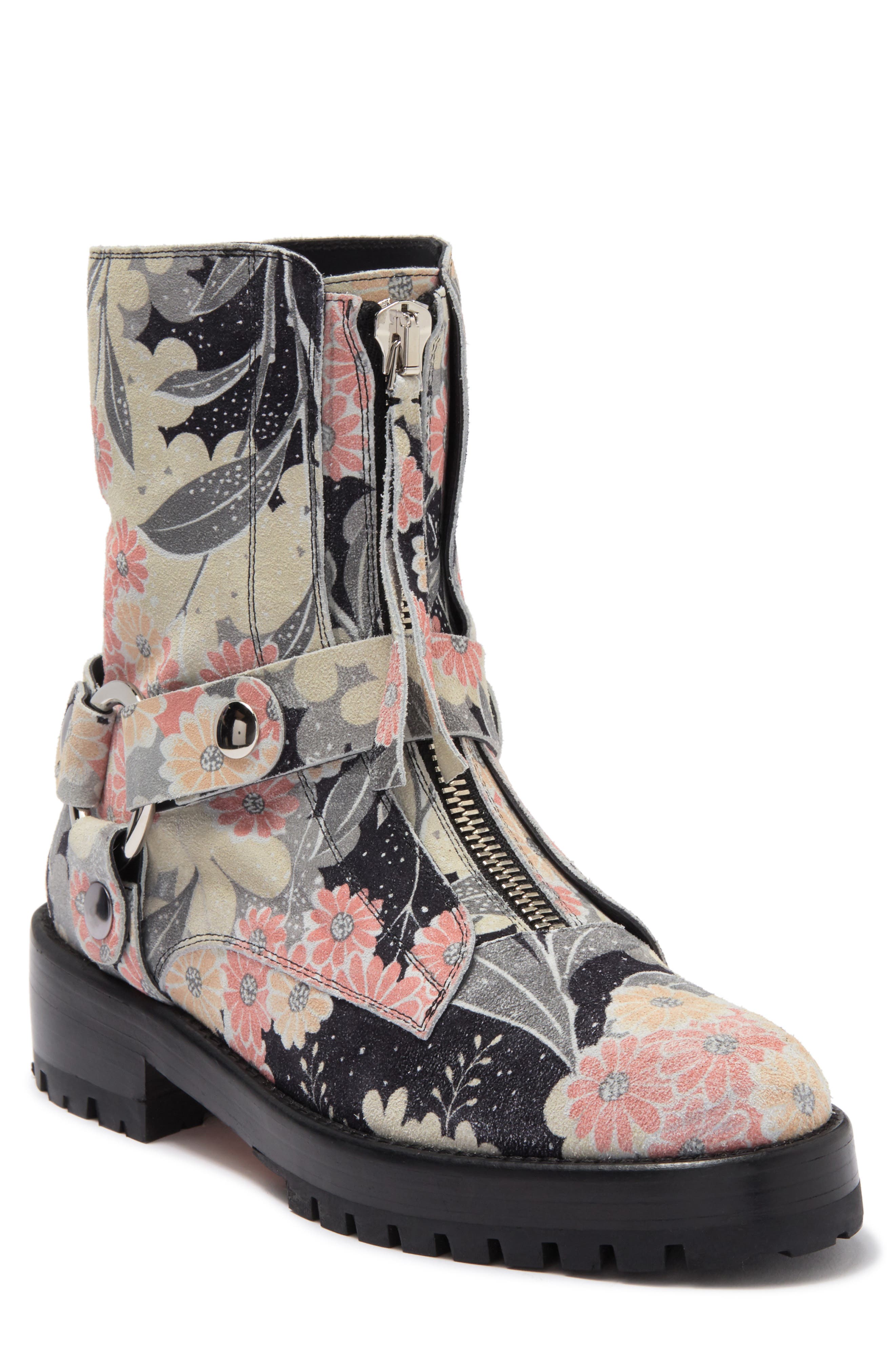 Red Valentino Floral Print Suede Combat Boot In Latte/nero/nudo/pink