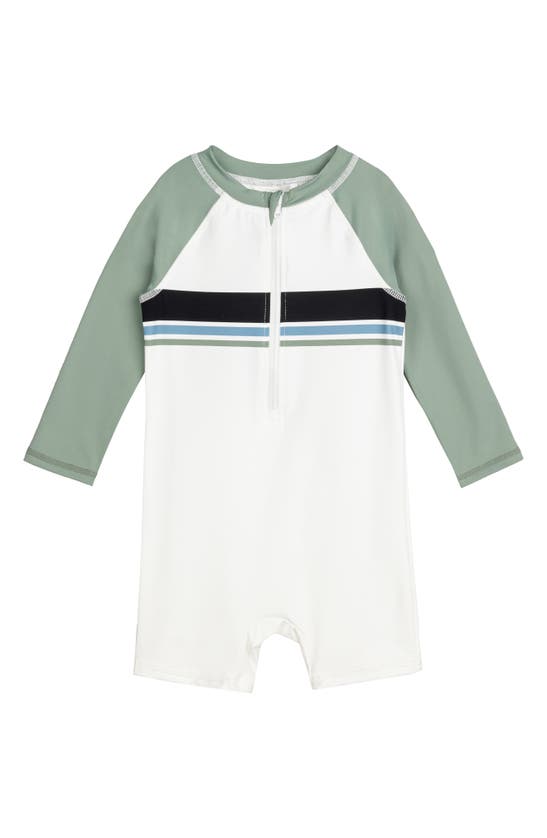 Miles The Label Babies' Sage & Stripes Long Sleeve One-piece Rashguard Swimsuit In 805 Dusty Green