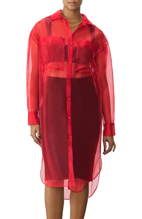 Sheer Button-Up Tunic in Valentine Red