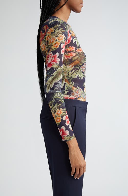 Shop Etro Floral Long Sleeve Mesh Top In X0883 Blue
