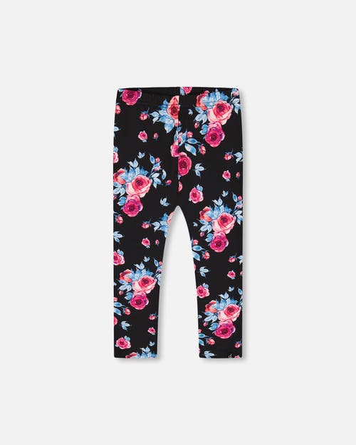 Shop Deux Par Deux Little Girl's Printed Leggings Black With Roses In Printed Roses