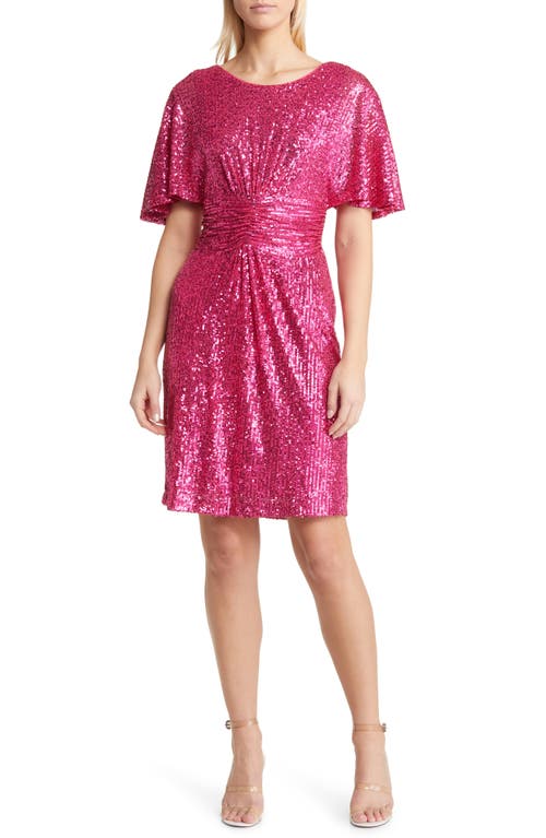 Connected Apparel Flutter Sleeve Sequin Dress in Fuchsia