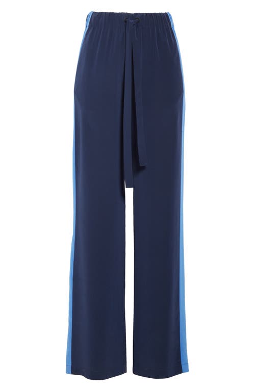 Shop Dvf Ellington Side Stripe Drawstring Silk Pants In New Navy/baja Blue