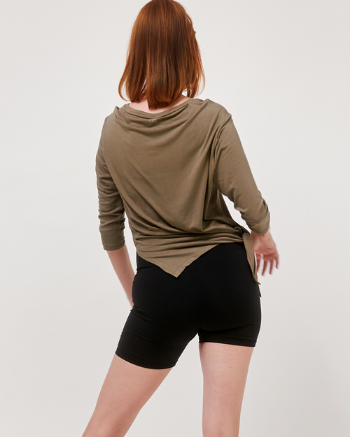 Rebody Active Anen Side Tie 3/4 Sleeve Top In Army Sage