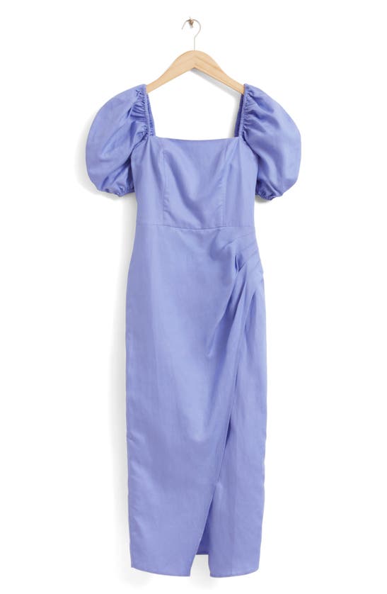 & Other Stories Puff Sleeve Square Neck Midi Dress In Blue