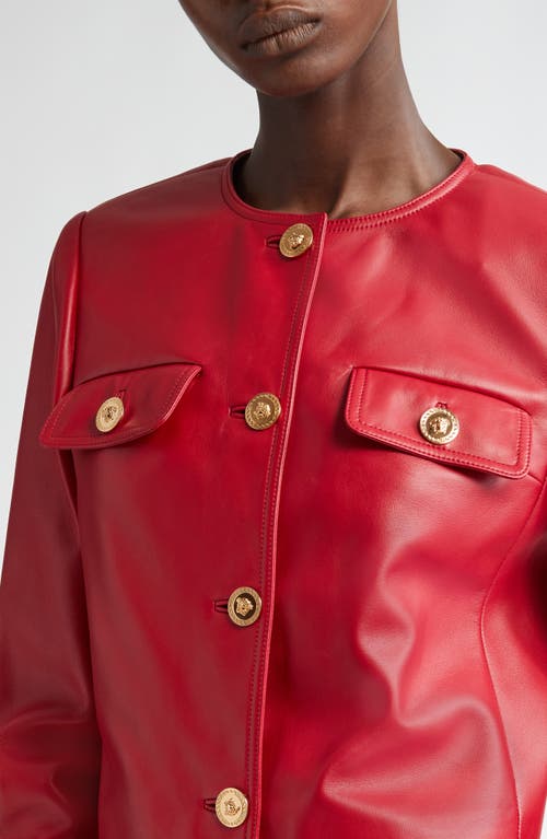 Shop Versace Pocket Detail Leather Crop Jacket In Lipstick Red