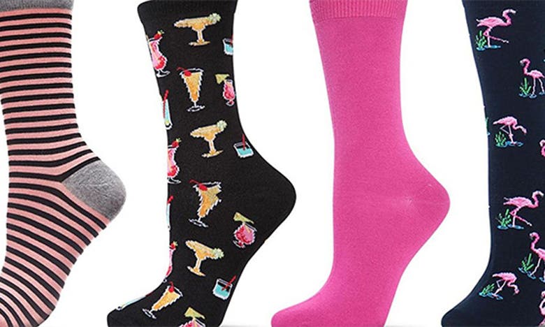 Memoi Novelty Assorted 4-pack Crew Socks In Black-black