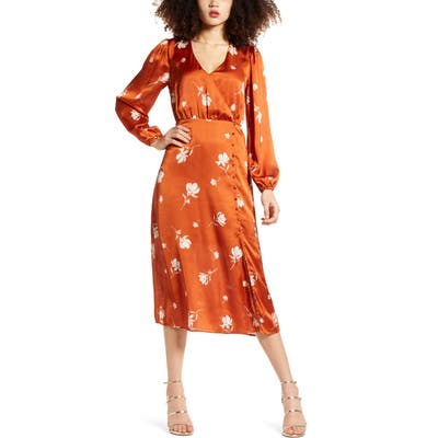 All In Favor Long Sleeve Floral Print Satin Midi Dress, Orange