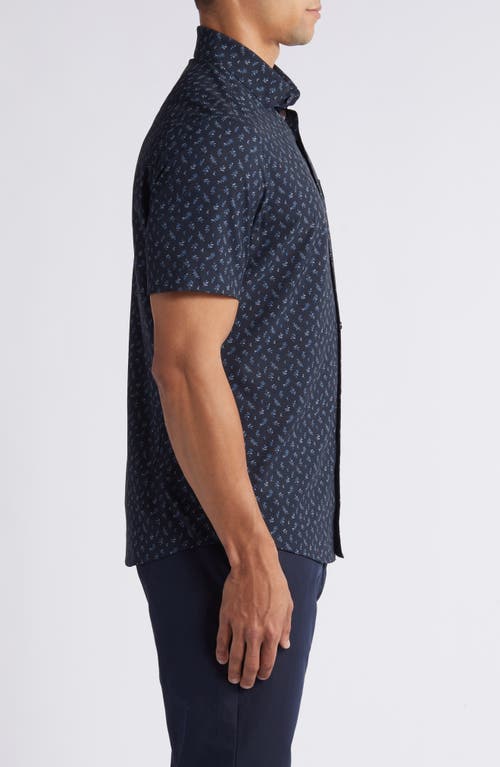 Shop Mizzen + Main Mizzen+main Leeward Trim Fit Leaf Print Short Sleeve Performance Button-up Shirt In Navy Multi Leaf