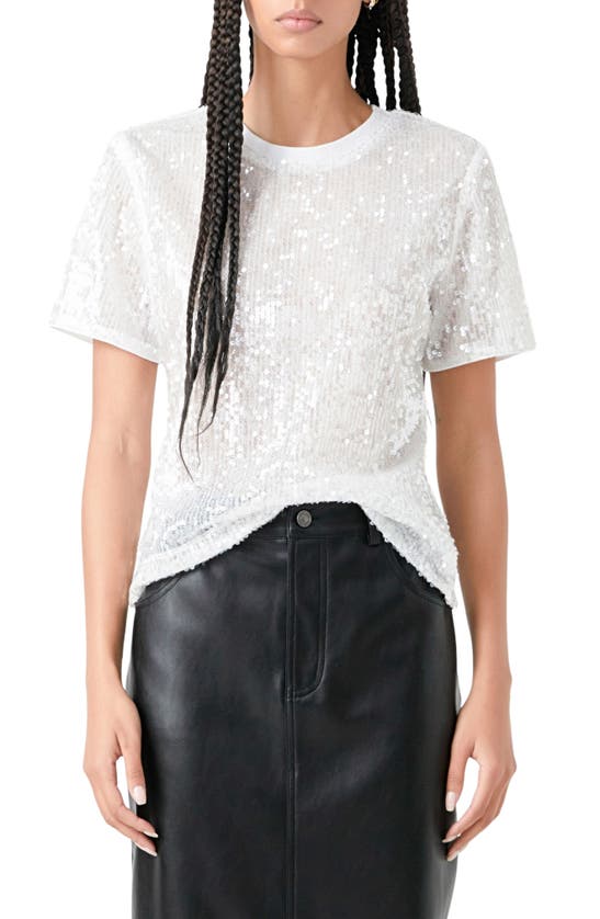 Grey Lab Women's Sequin Shoulder Padded Top In White