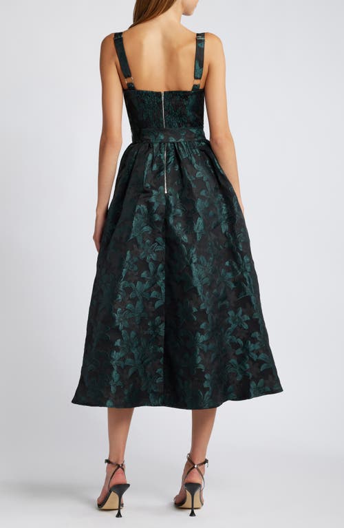 Shop Lulus Floral Jacquard Bustier Sleeveless Midi Dress In Black/shimmer Emerald