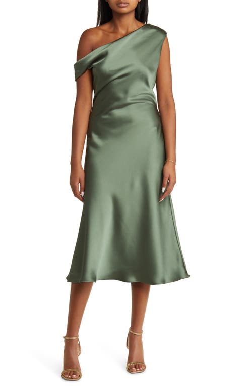 One-Shoulder Satin Midi Dress in Olive