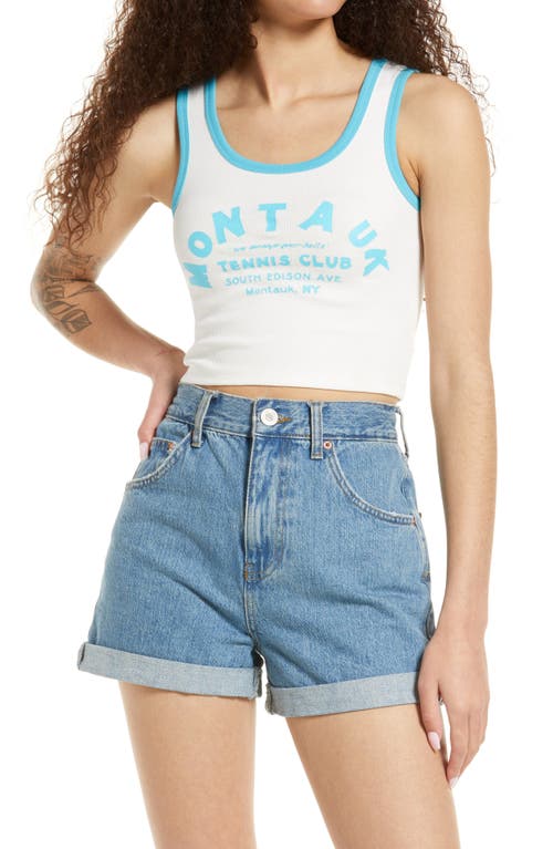 CONEY ISLAND PICNIC Montauk Tennis Stretch Cotton Crop Tank in Wht Teal