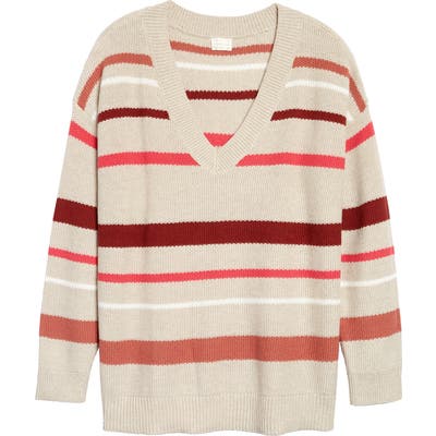 Plus Size Caslon V-Neck Cotton Pique Sweater, Beige