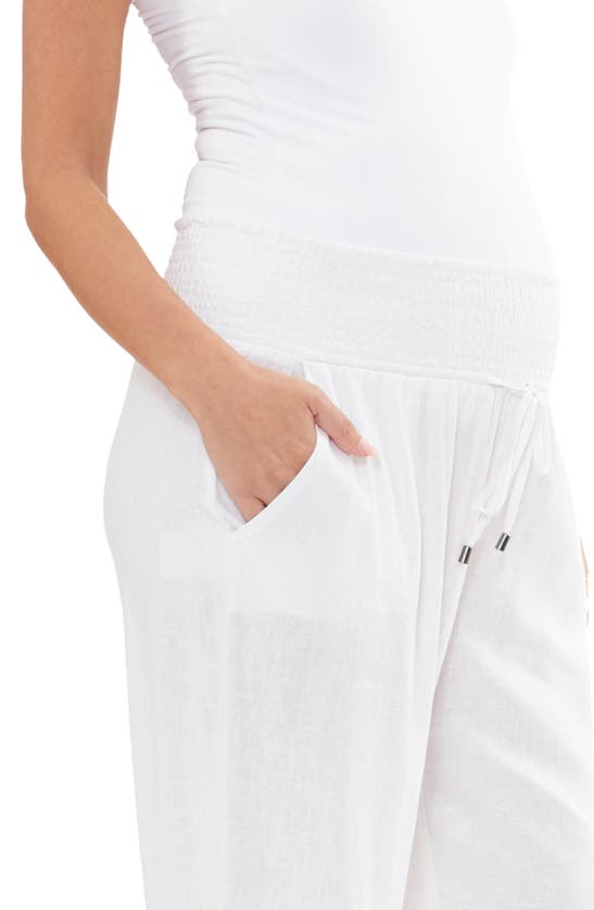 Shop Ripe Maternity Indi Shirred Linen Blend Wide Leg Maternity Pants In White